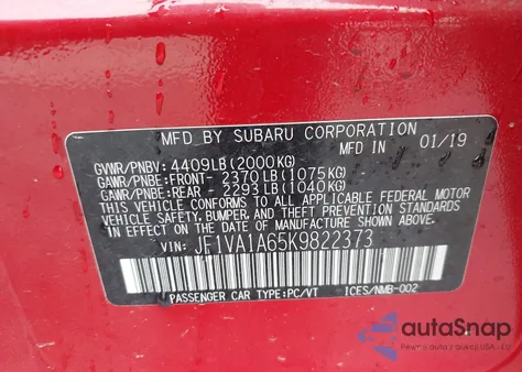 2019 Subaru Wrx из США, поврежденный, VIN JF1VA1A65K9822373